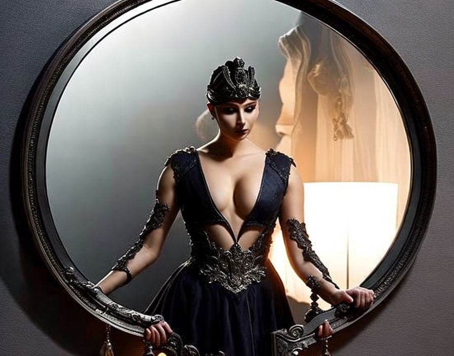 Elegant woman in low-cut black dress with headpiece reflected in mirror