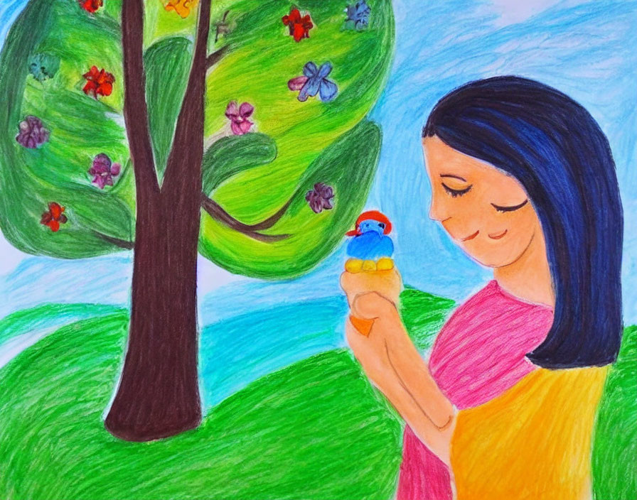 Person smiling at toy under colorful tree with flowers in hand-drawn style