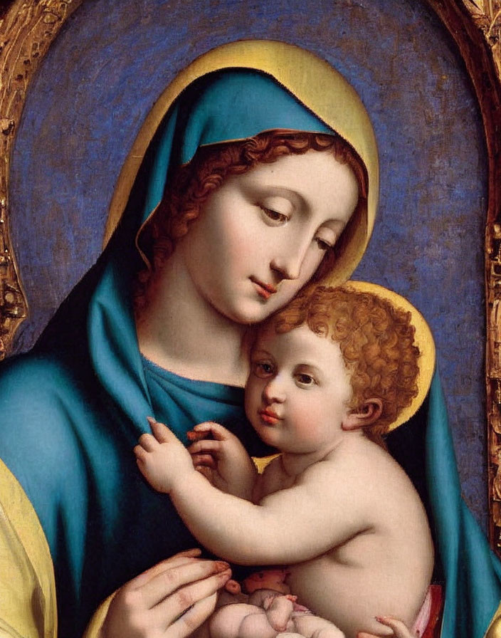 Classic Painting of Virgin Mary Holding Child Jesus in Blue and Gold Robes