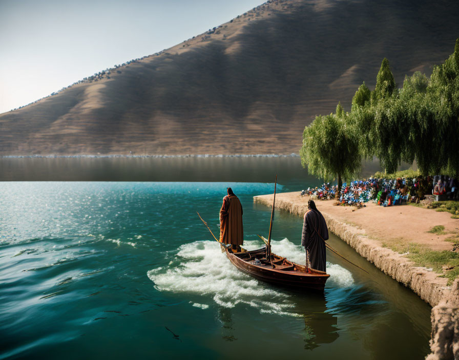 Scenic lake view with two people in a boat