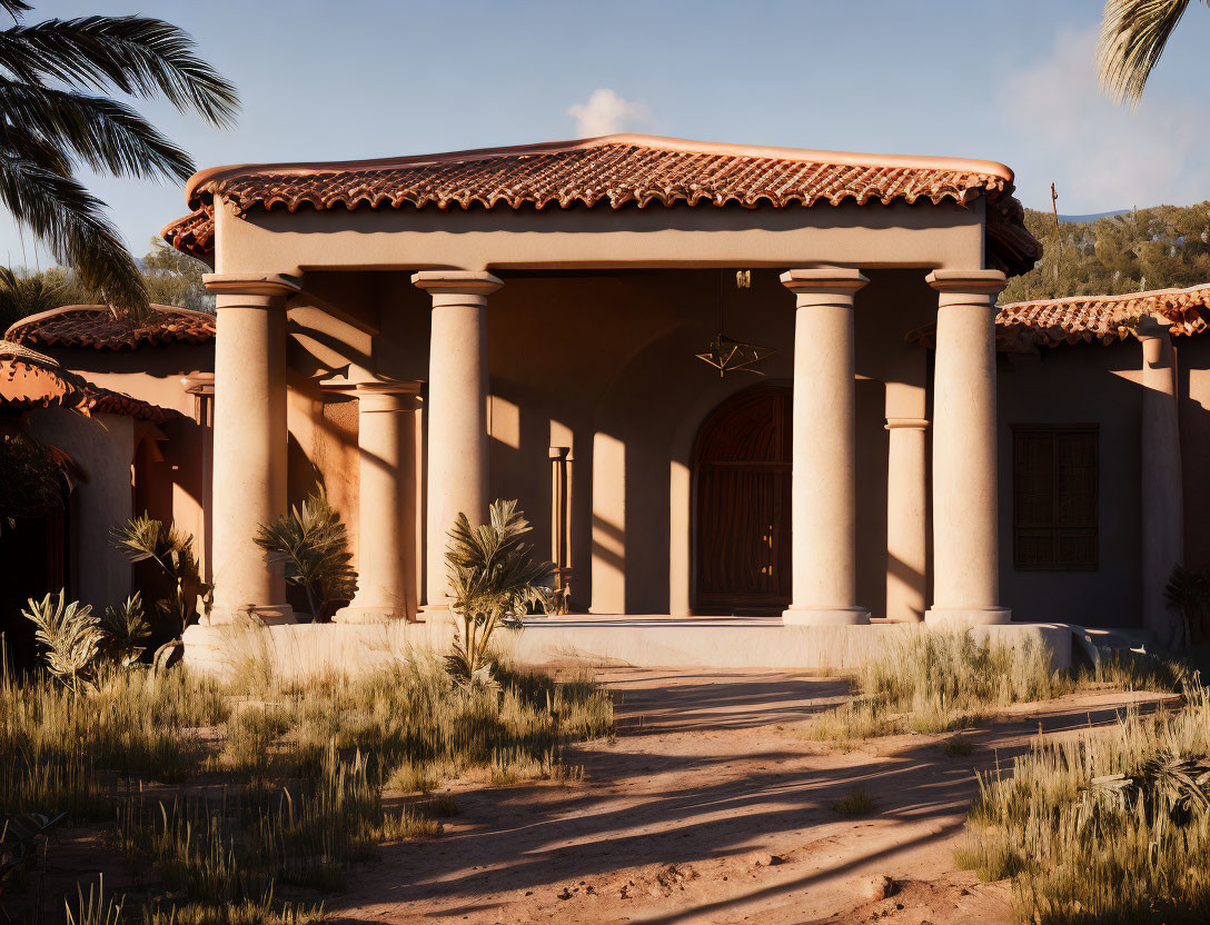 Mediterranean-style villa with terracotta roof tiles and tall columns in desert setting