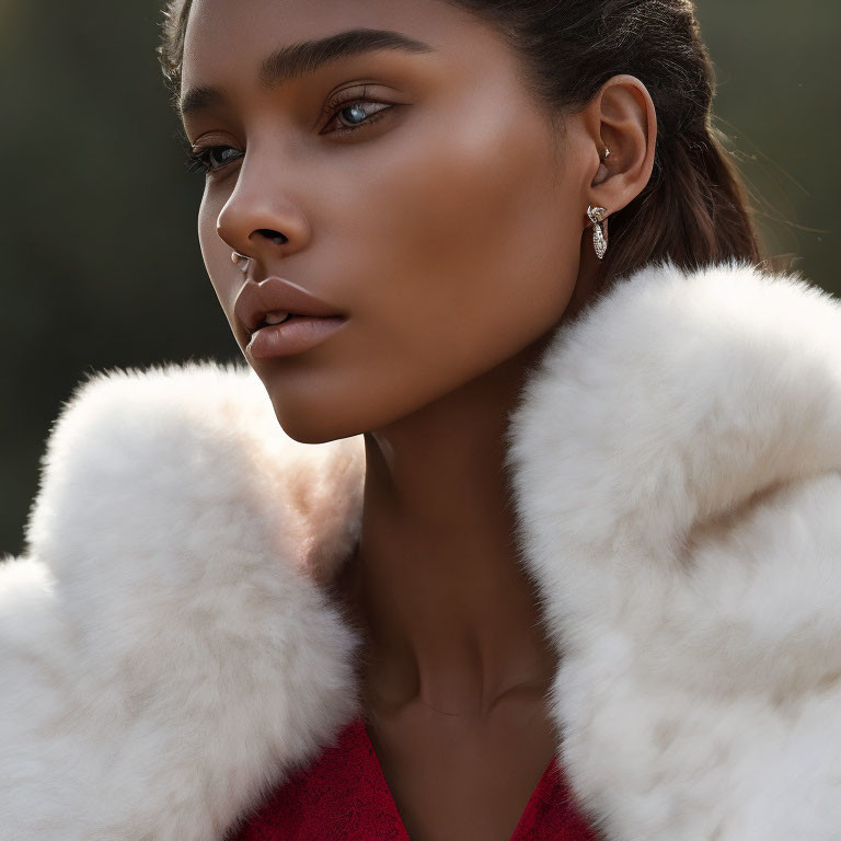 Close-up portrait of woman with tanned skin, dark hair, white fur collar, red garment,