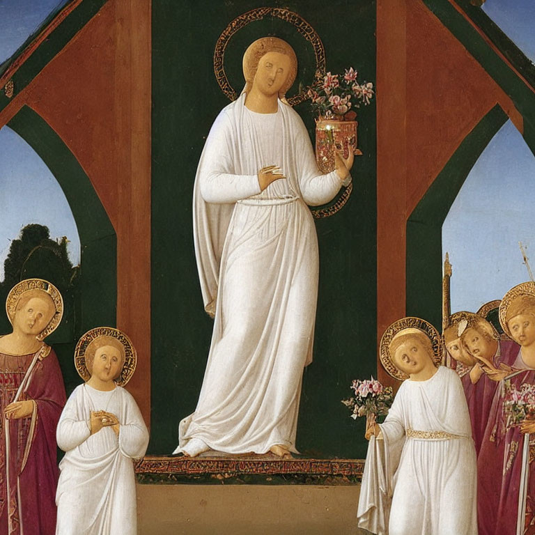 Virgin Mary in white robes with angels in serene painting.