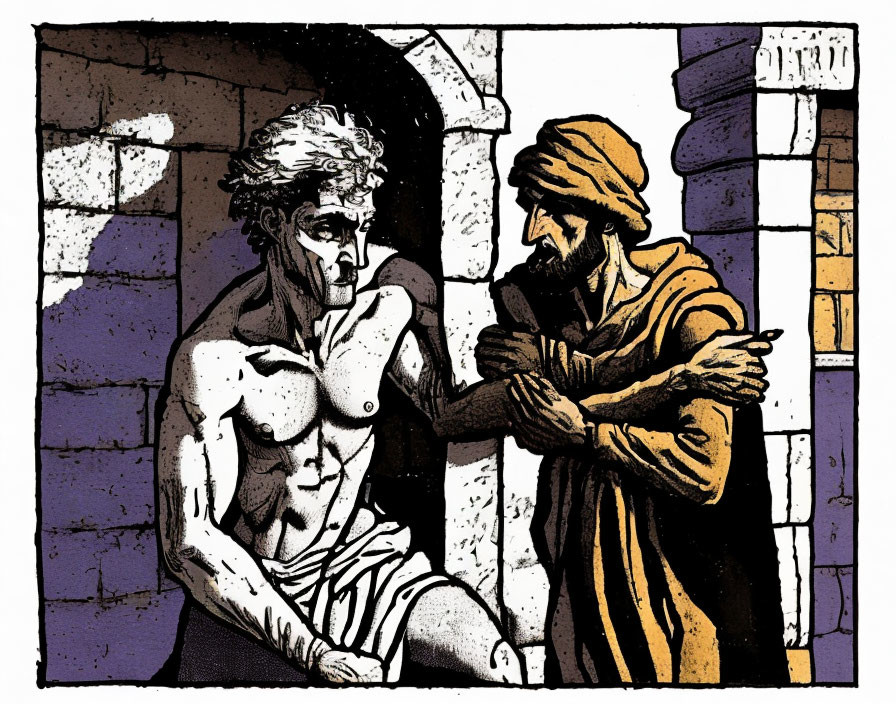 Historical period illustration: muscular semi-nude man and cloaked figure conversing in stone building