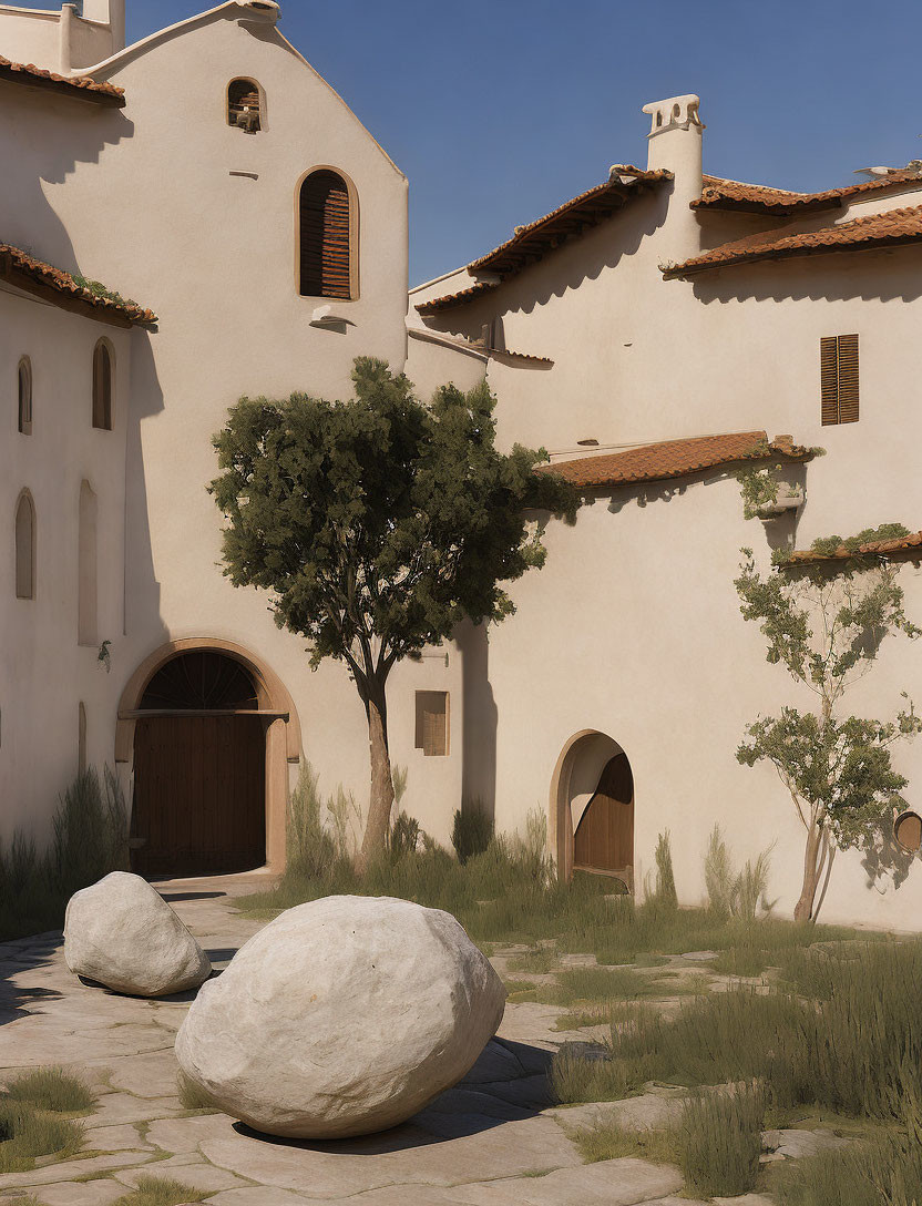 Sunlit Mediterranean Courtyard with Tree, Stones, and Stucco Buildings