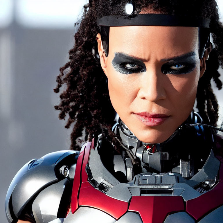 Curly-Haired Figure in Futuristic Armor with Dramatic Eye Makeup