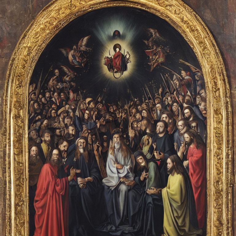 Religious painting with figures gazing at central radiant vision