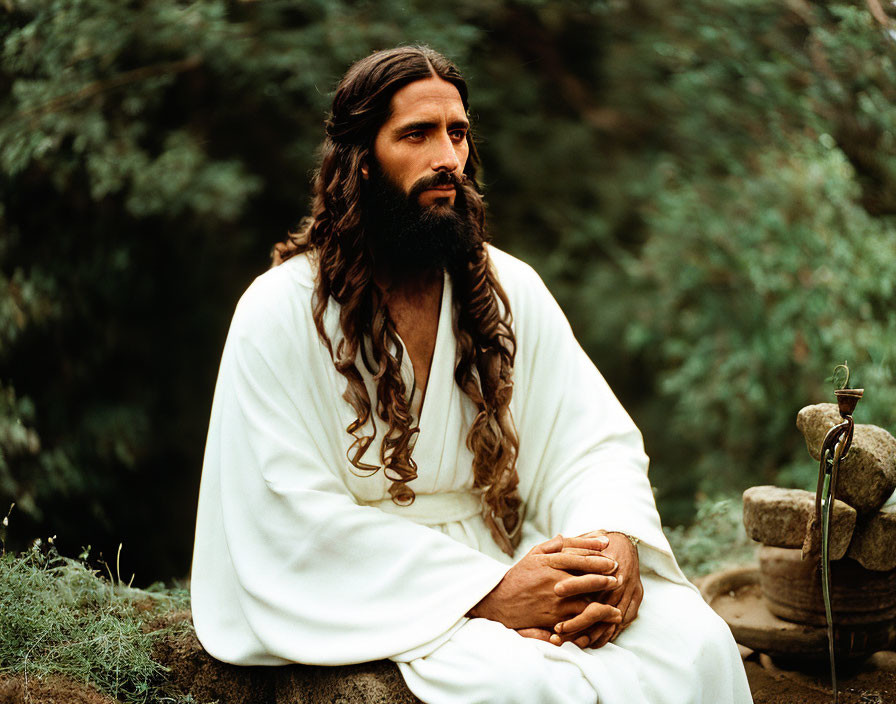 Bearded man in white robe sits amidst green foliage