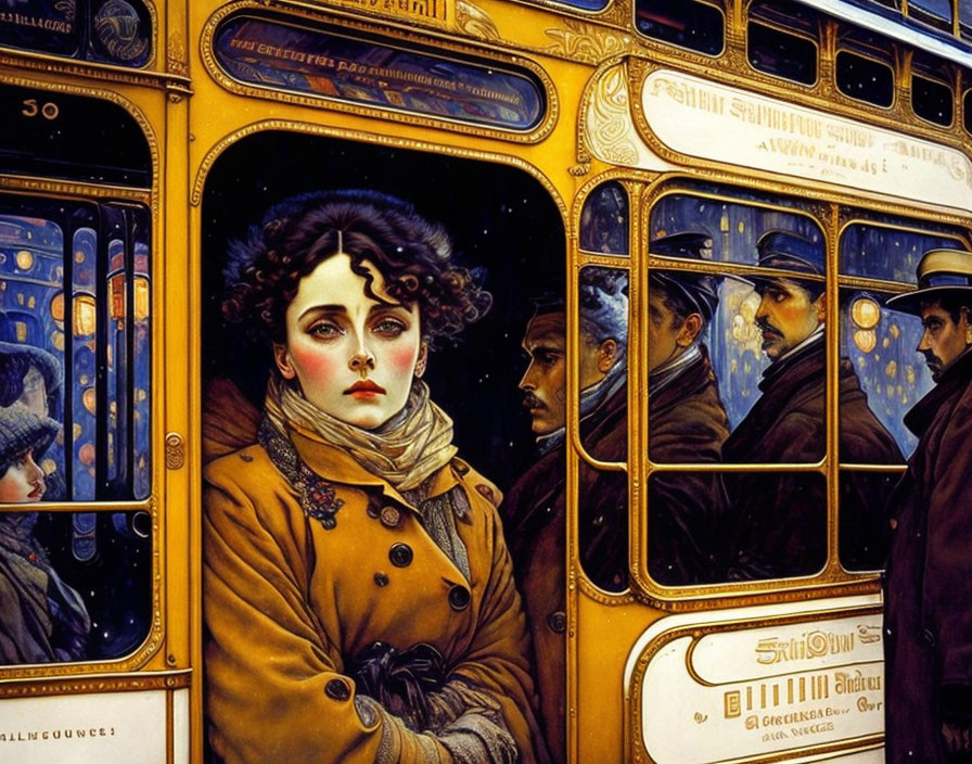 Illustration of woman with expressive eyes on vintage tram at night