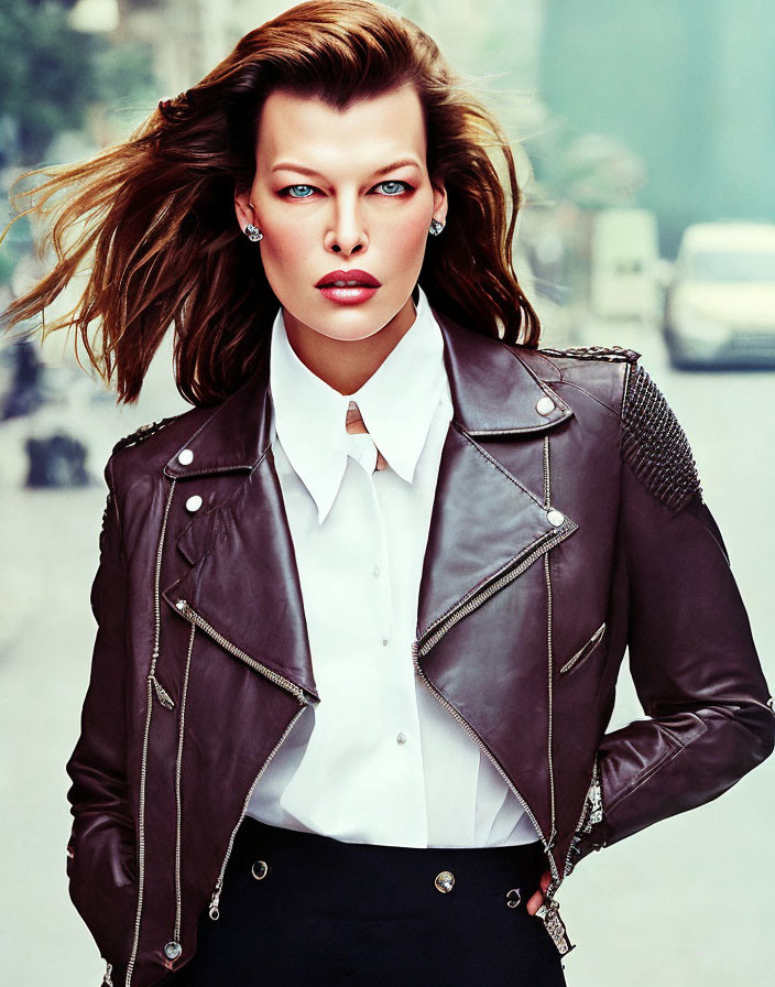 Confident woman in studded leather jacket on city street