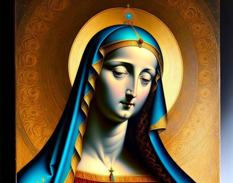 Serene Virgin Mary in Blue Robes with Golden Halo