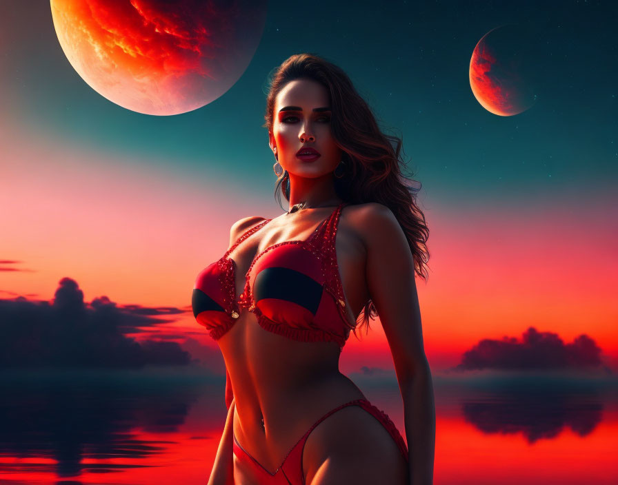 Woman in Red Bikini at Surreal Sunset with Large Moons