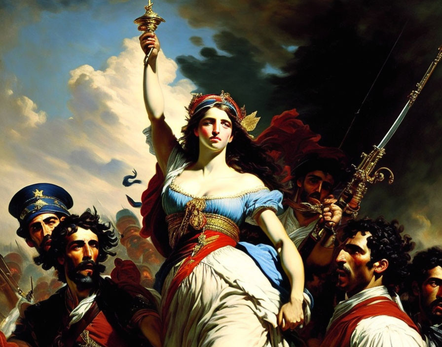 Neoclassical painting of Liberty leading with flag and rifle