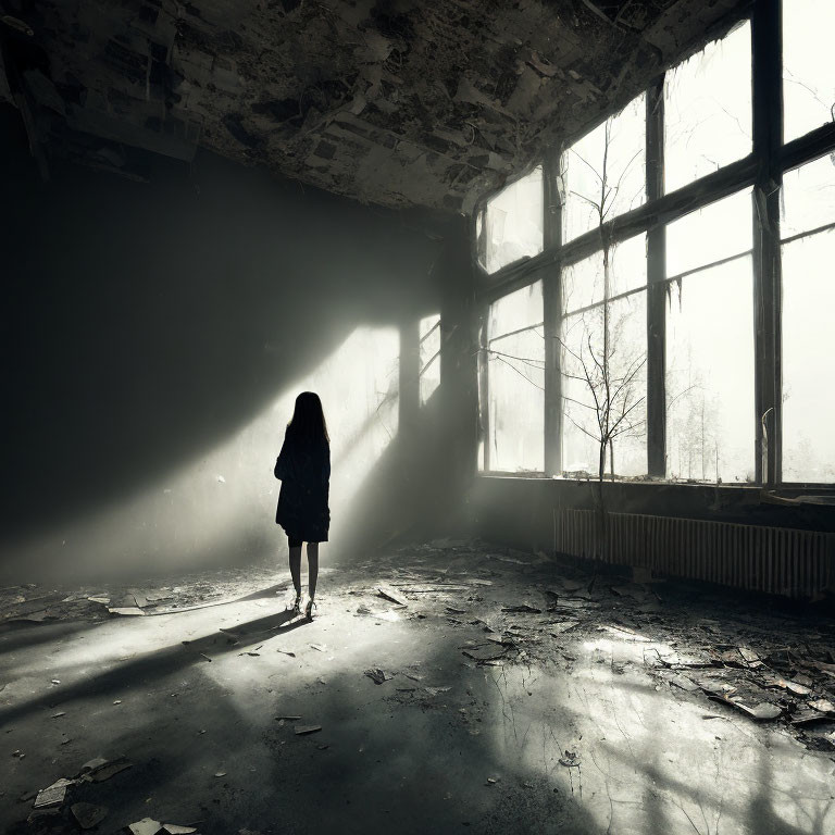 Abandoned room with large windows and sunbeams