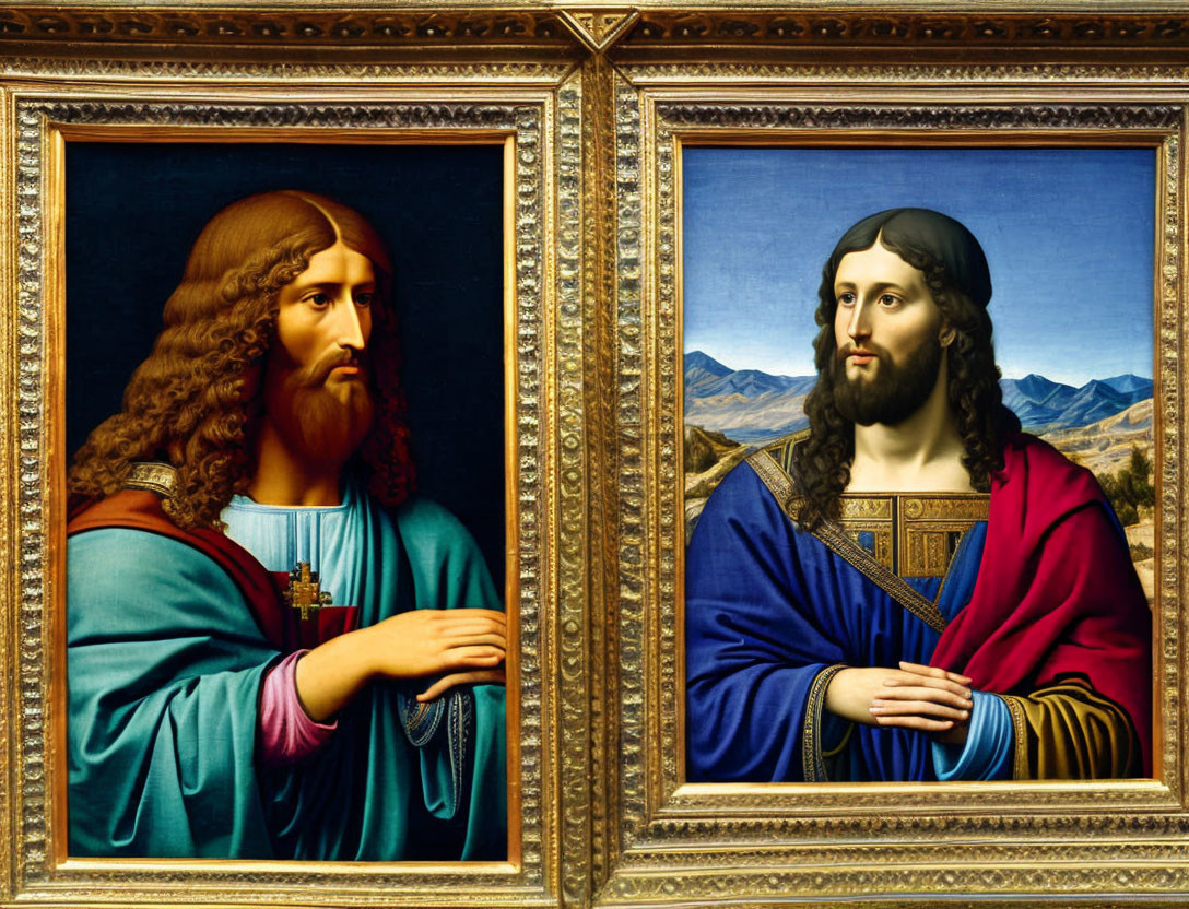 Pair of Renaissance-style Paintings Featuring Bearded Men in Classical Attire