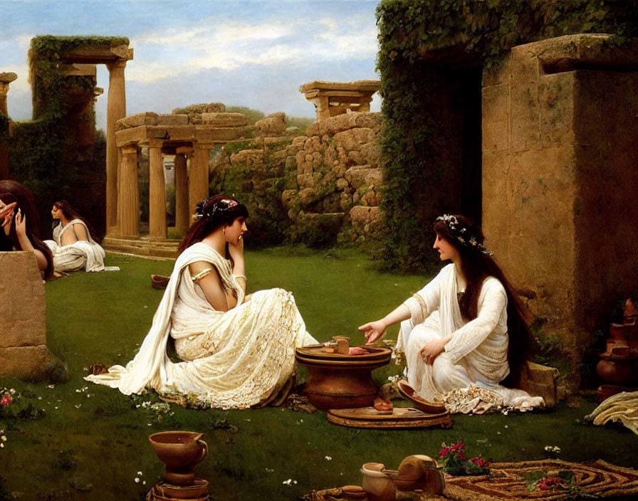 Women in classical robes among ancient ruins engaged in leisurely activities