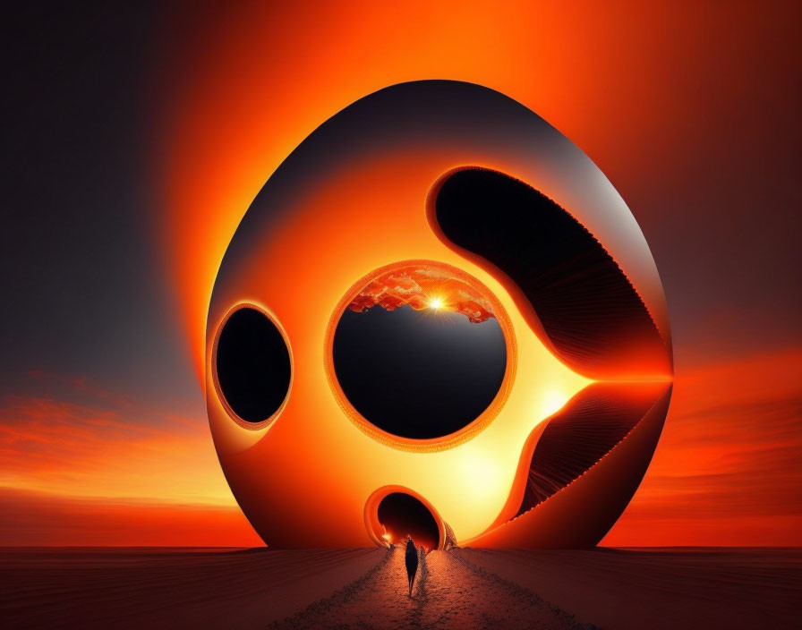 Person walking towards surreal large sphere at sunset in desolate landscape