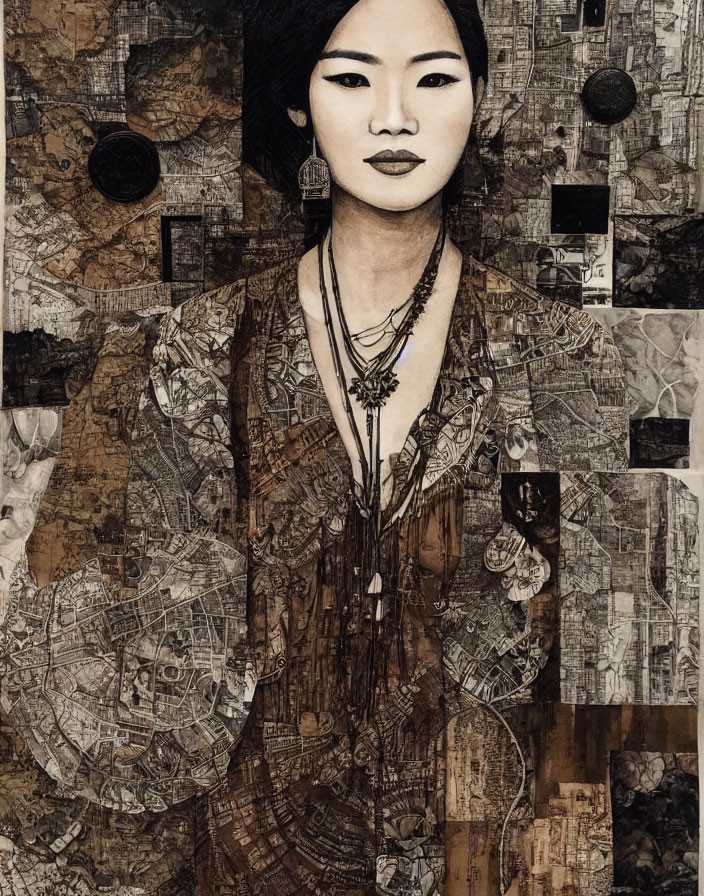 Dark-haired woman in patterned attire against collage background