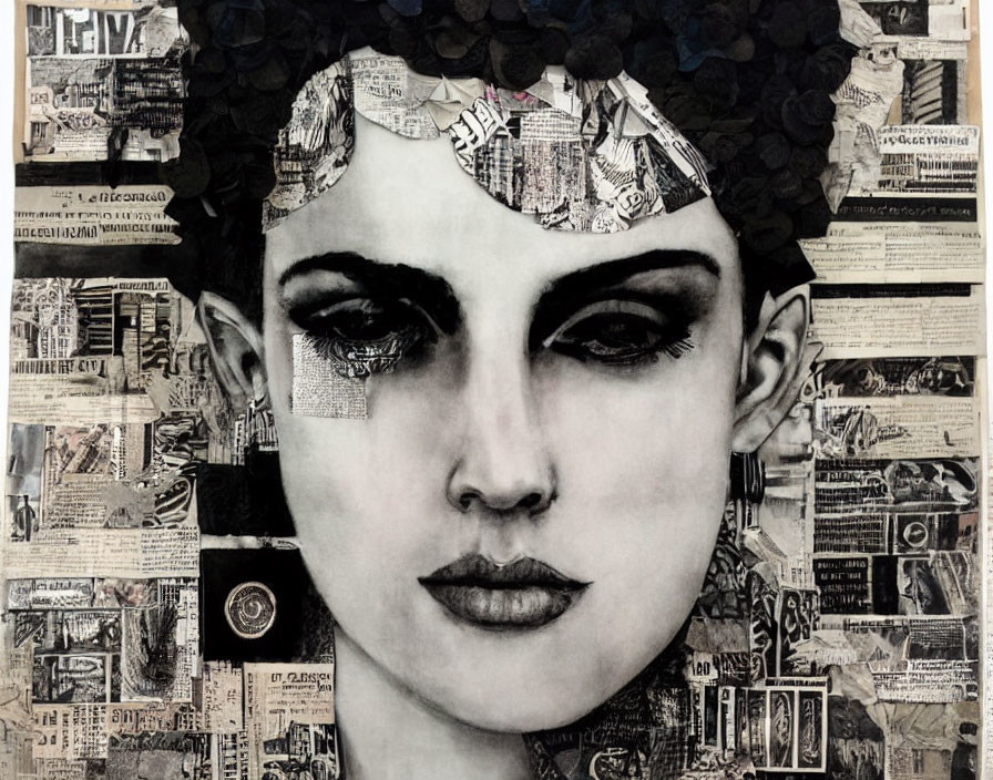 Monochromatic portrait with collage elements of a woman