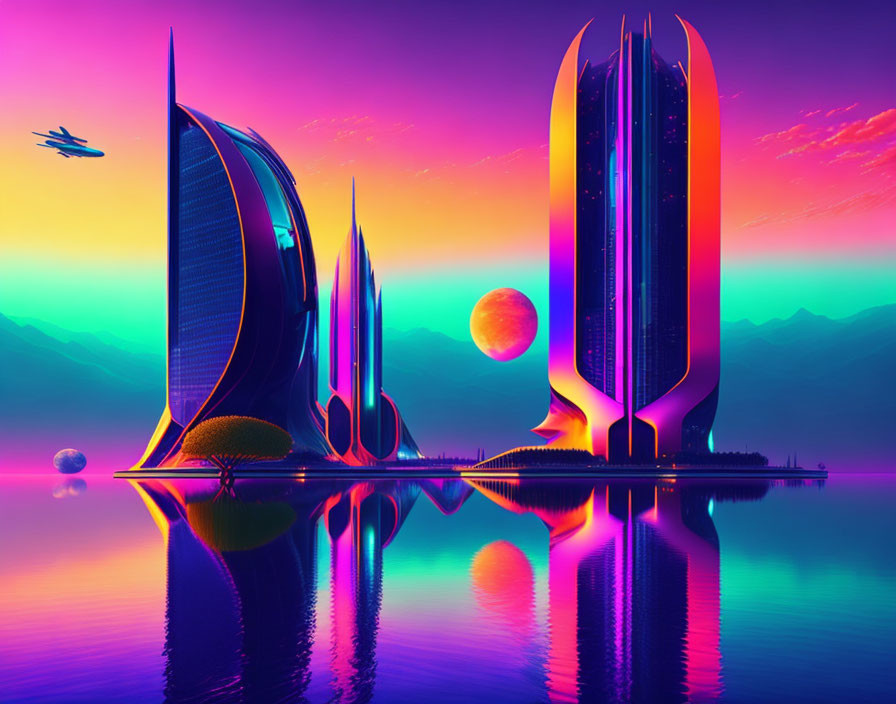 Neon-lit skyscrapers in futuristic cityscape with purple sky