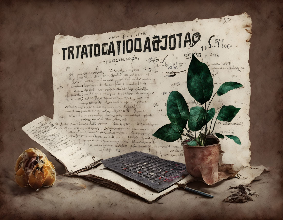 Vintage Still Life with Old Document, Potted Plant, Bulbs, and Dusty Keyboard