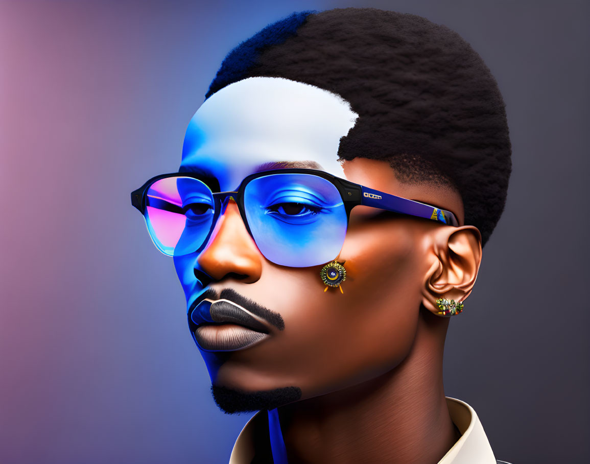 Colorful digital portrait of a man with stylized features and blue skin wearing glasses and unique earrings