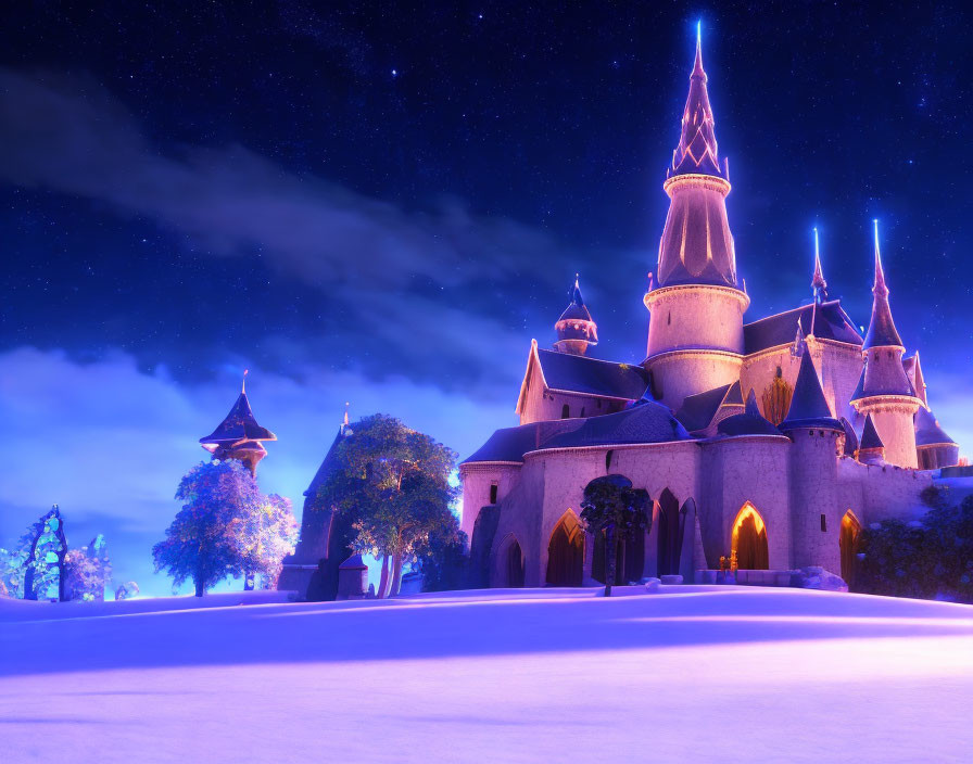 Enchanting castle at night with purple lights in snowy scenery