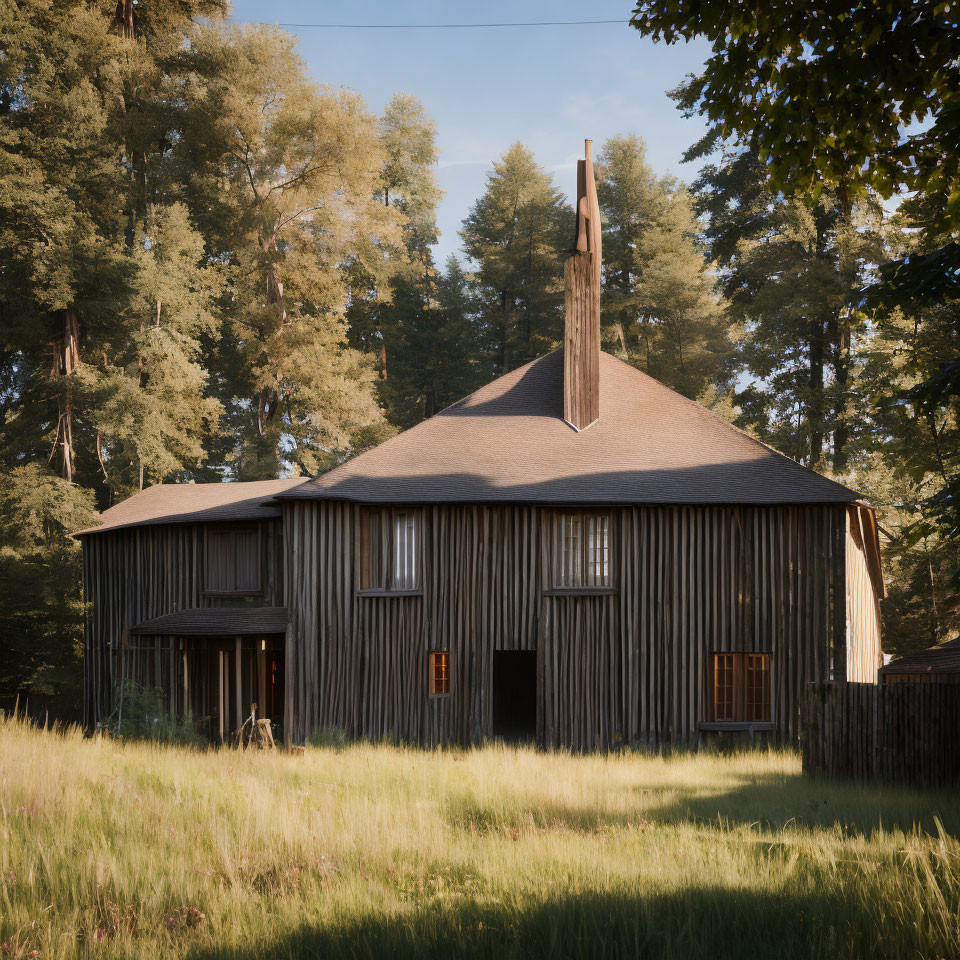 Unique Pointed Roof Wooden House Among Tall Trees