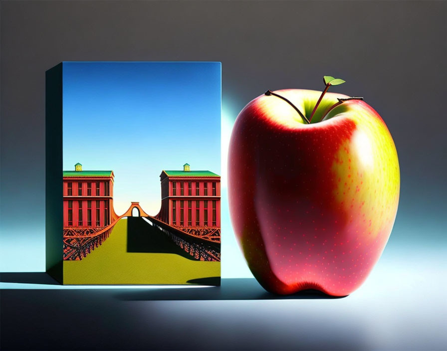 Digital artwork: Large red apple beside stylized bridge on canvas