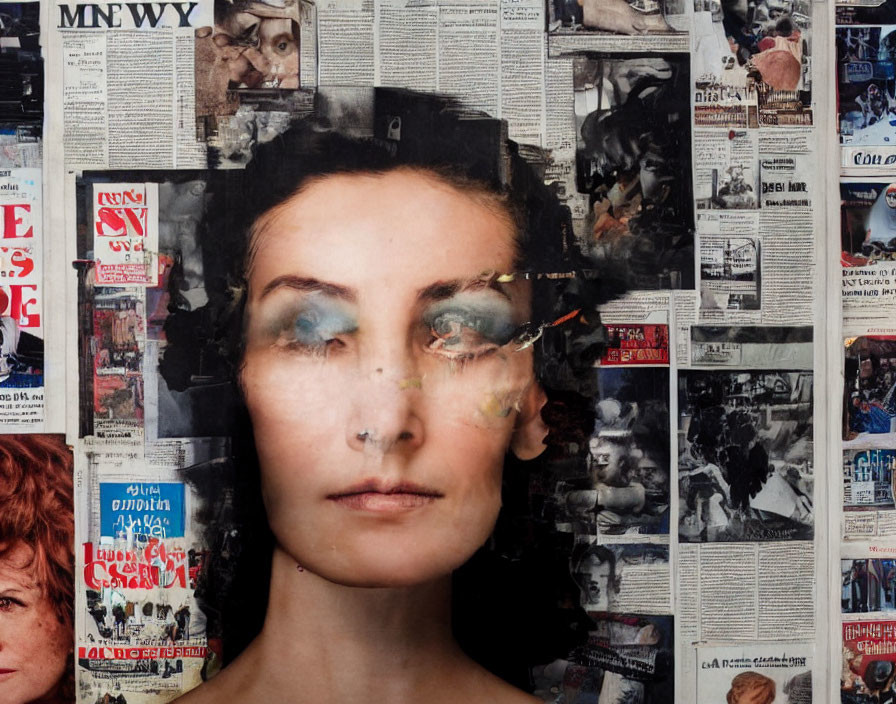 Collage of woman's face on newspaper clippings