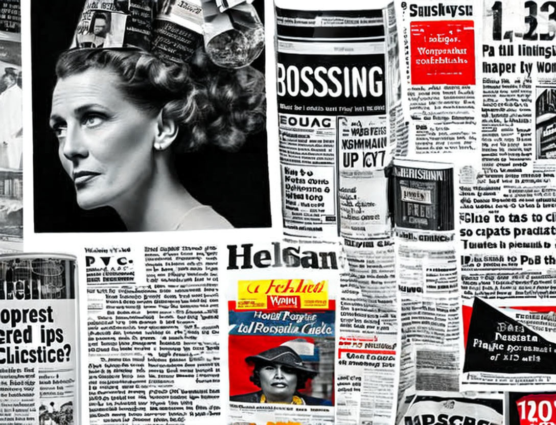 Vintage hairstyle woman in monochrome photo with overlapping newspapers and colorful magazine cover.