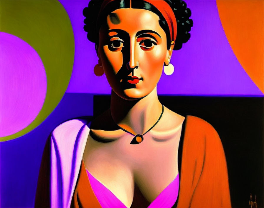 Stylized portrait of woman with large eyes and red headband in pink top and orange cardigan