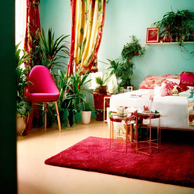 Colorful Room with Plants, Pink Armchair, Red Rug, and Bed