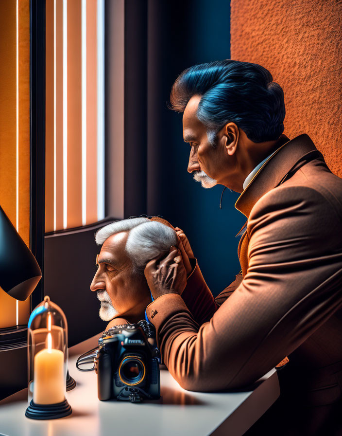 Two men in a warmly lit room: one with blue hair and a brown suit styling the other's