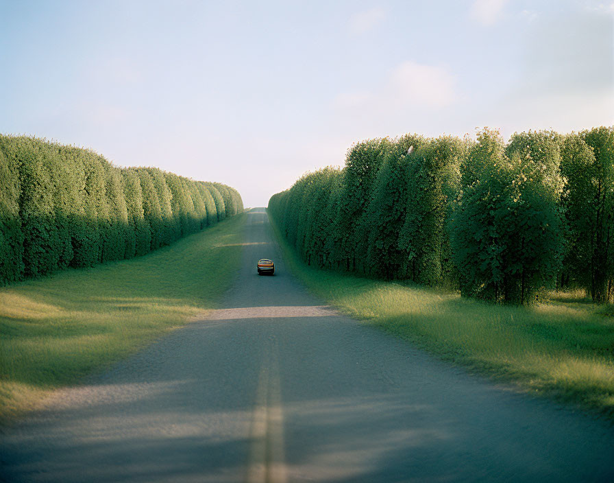 Straight Road Flanked by Tall Hedges: Car and Long Shadow Scene