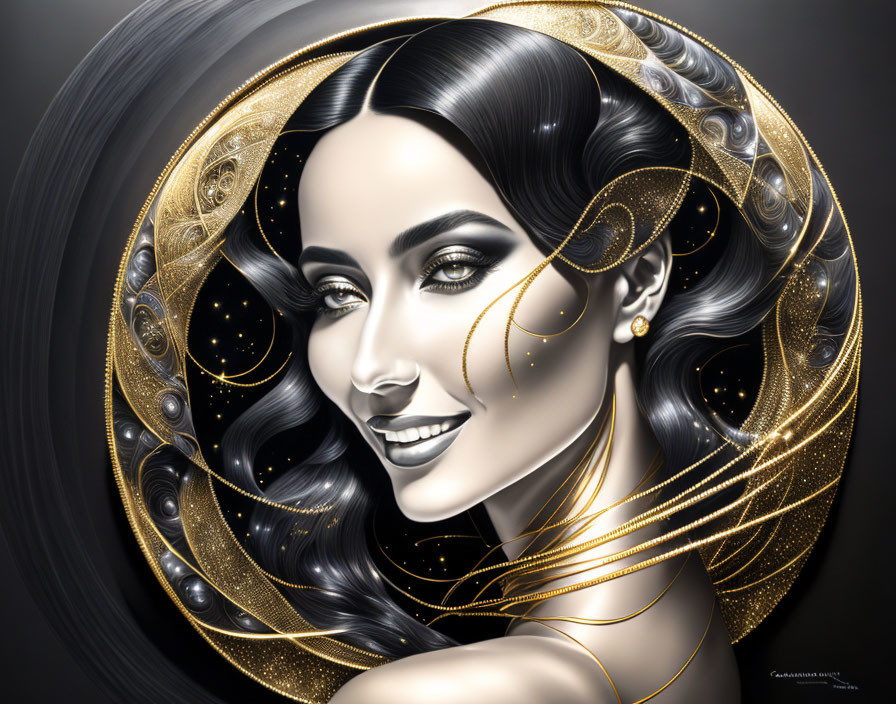 Monochromatic portrait of woman with gold accents and cosmic motifs