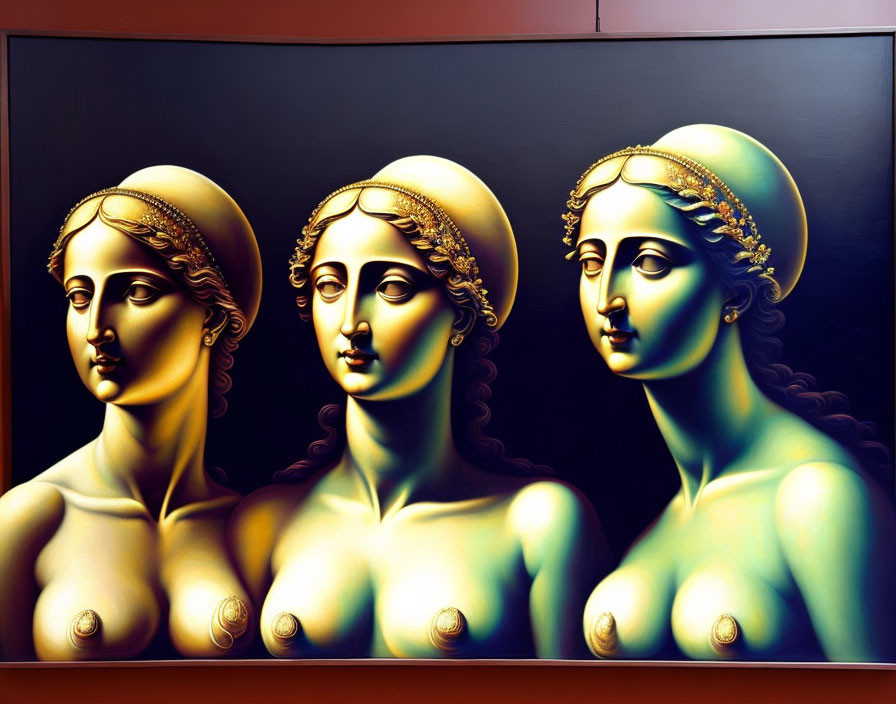 Stylized triptych of identical female figures with golden headdresses on dark background