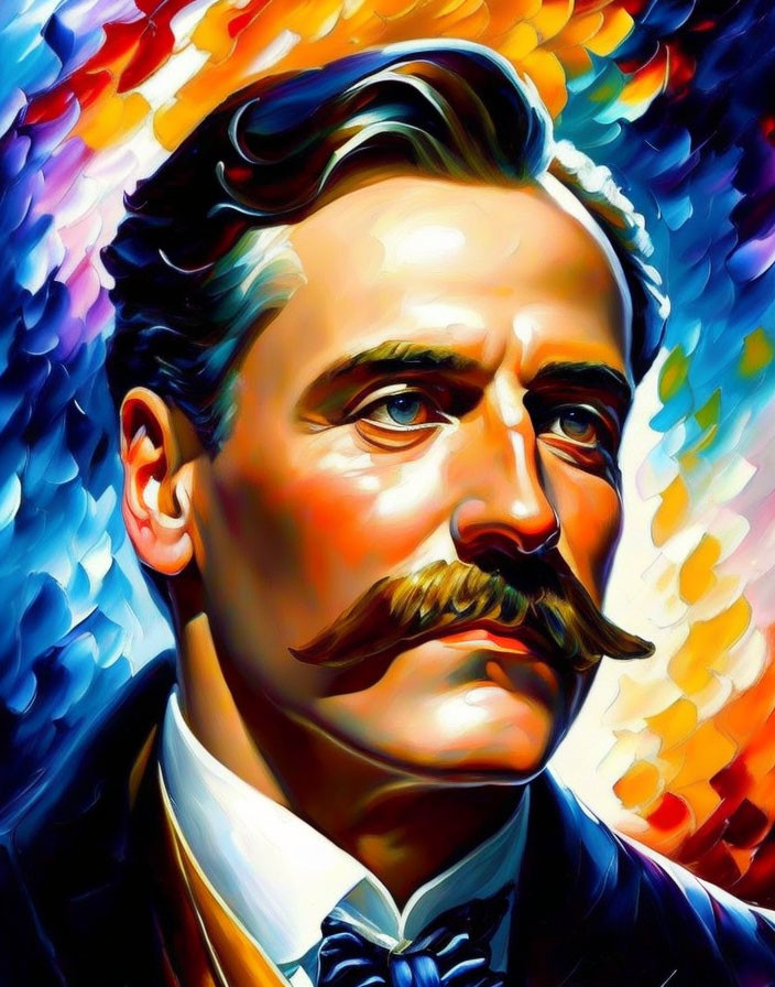 Vibrant portrait of a man with a large mustache in a suit