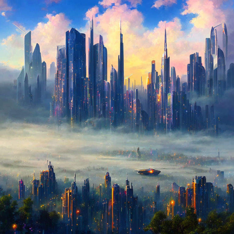 Futuristic sunset cityscape with skyscrapers and flying vehicle