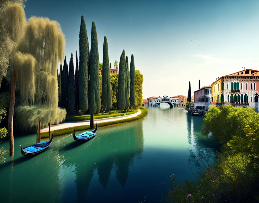 Scenic canal with gondolas and arched bridge amidst lush trees and colorful buildings