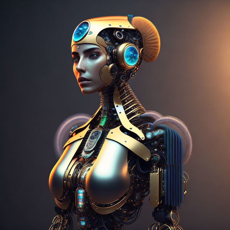 Sophisticated Female Android with Glowing Blue Details on Dark Background