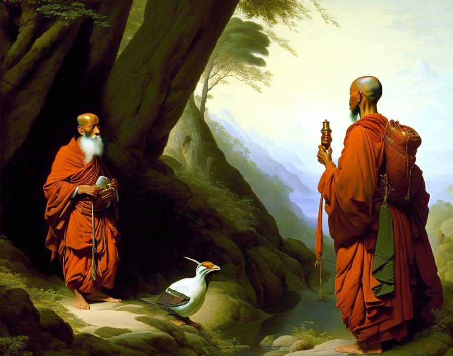 Orange-robed monks in serene forest with staff and bird by creek