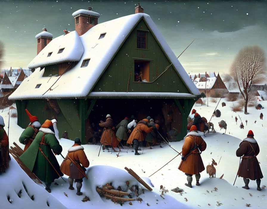 Medieval-themed group observing scene in snowy village house