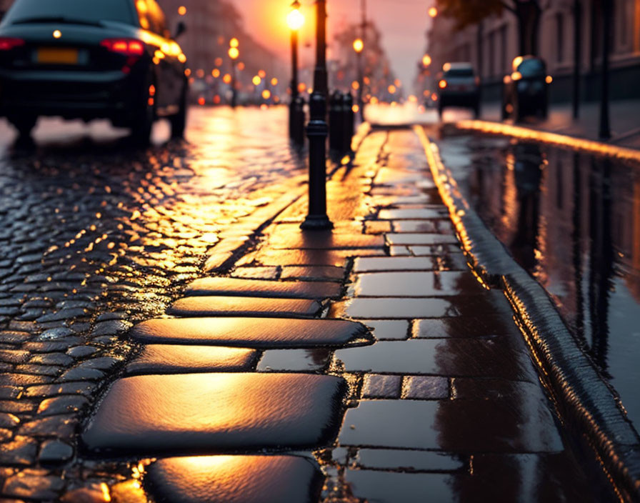 Dusk scene: wet cobblestone street, warm street lights, blurred car