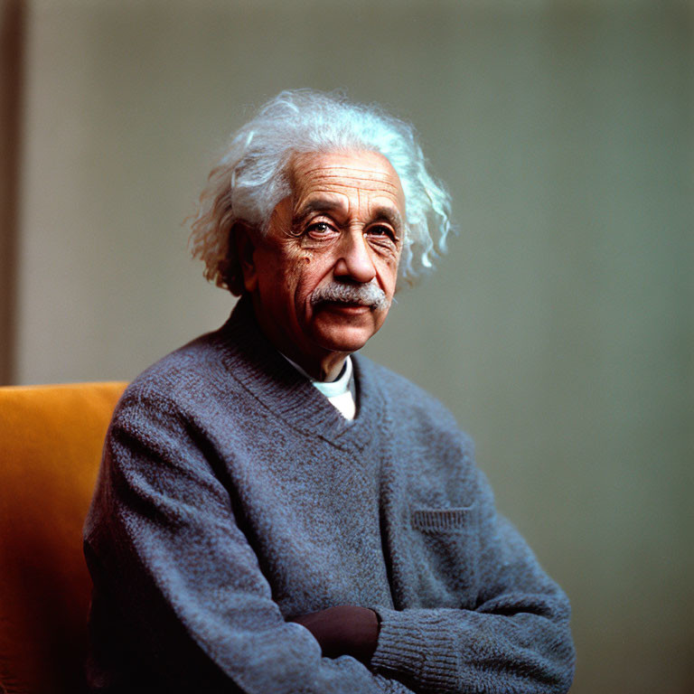 Elderly person with curly white hair and mustache in sweater gazes at camera