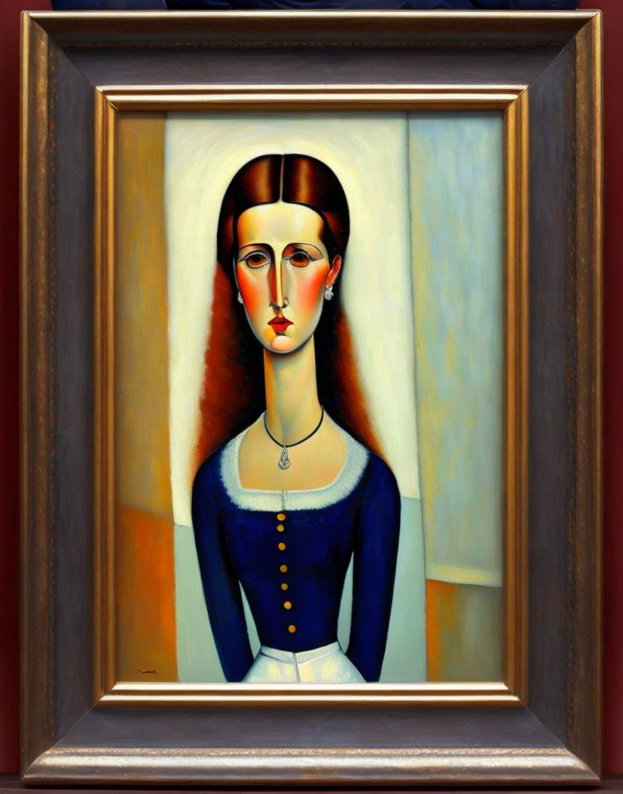 Portrait of Woman in Blue Dress with Pendant Necklace and Long Neck