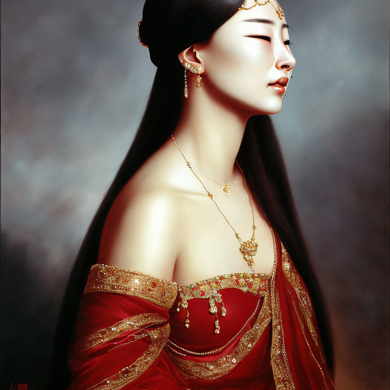 Traditional Asian woman in red and gold attire with elegant hairstyle and jewelry