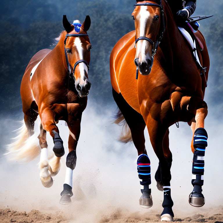 Energetic horse riders galloping in dusty haze