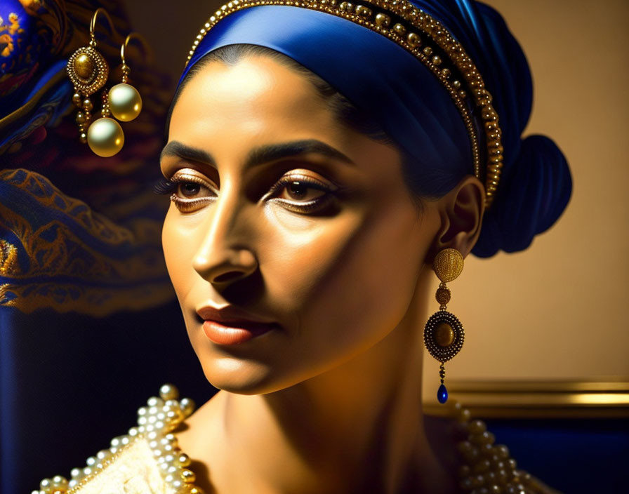 Stylized portrait of woman with blue headscarf and gold earrings