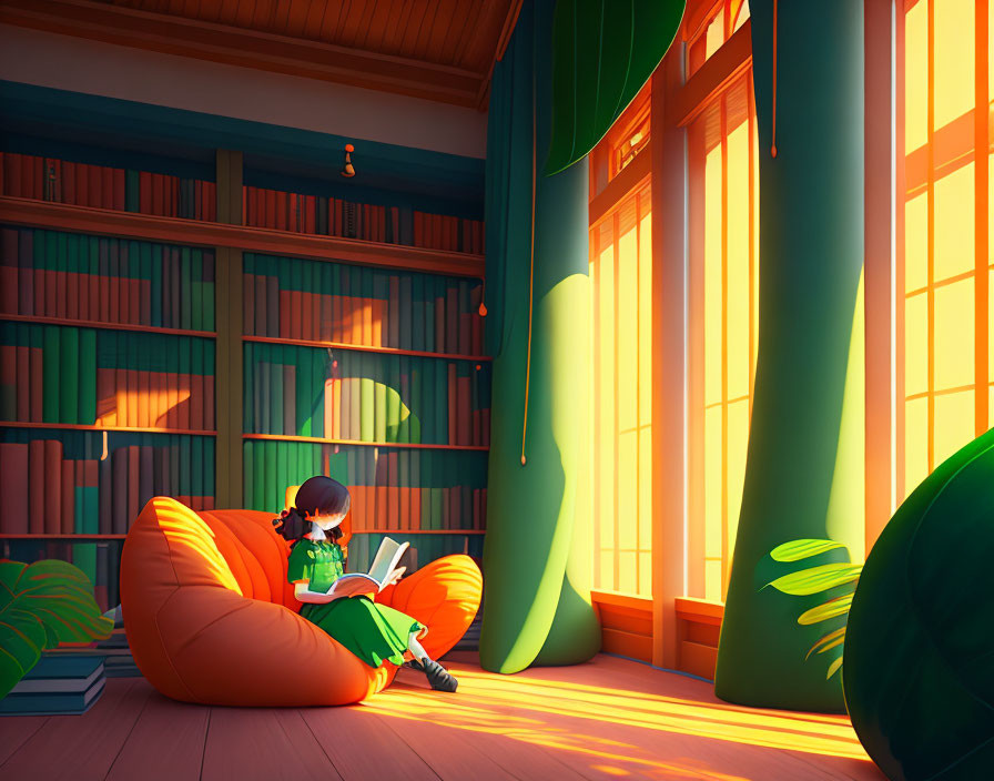 Person reading book on orange beanbag in cozy room filled with bookshelves and plants